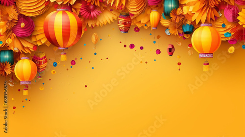Festa Junina festival with party paper lantern on yellow background.  © Petruk