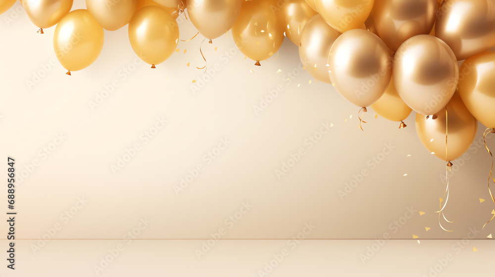 Celebration party banner with gold balloons on bright background with copy space, holiday concept - obrazy, fototapety, plakaty 