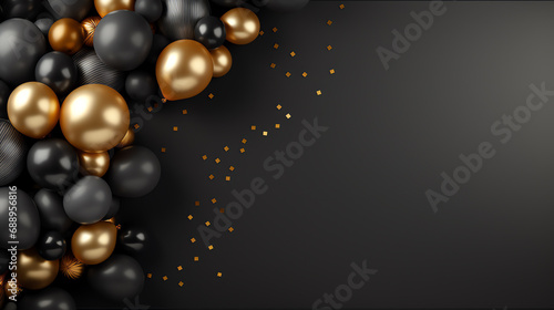 Black and golden balloons in the corner on black background with copy space