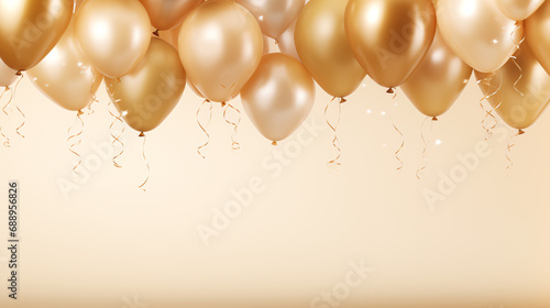 Celebration party banner with gold balloons on bright background with copy space, holiday concept
