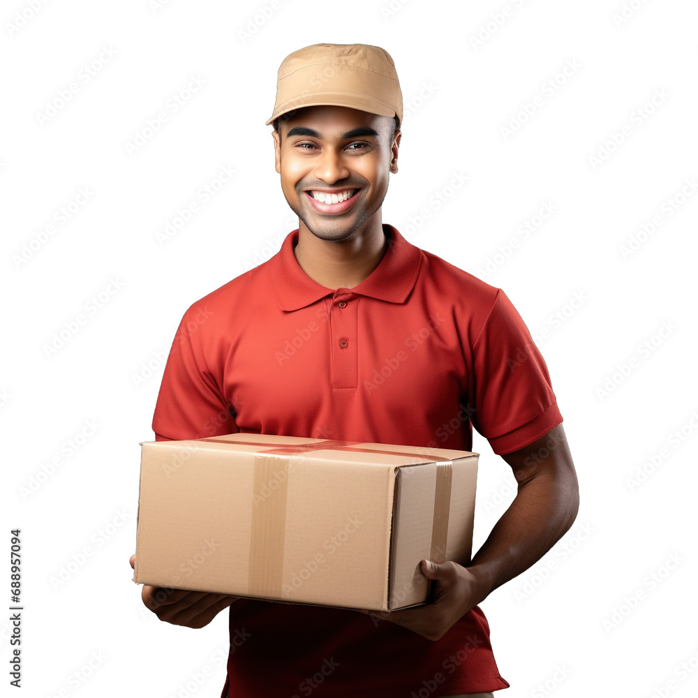 Smiling Delivery Man holding parcel on white Transparent Background PNG Smiling Delivery Man holding parcel on white Transparent Background PNG