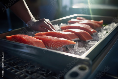 Close-up of a worker's hands sorting salmon fillets on a conveyor belt at a fish processing plant. Large pieces of fresh salmon.