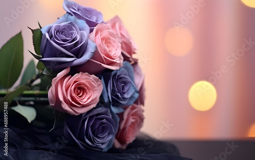 A bouquet of pink and purple roses on a purple light background