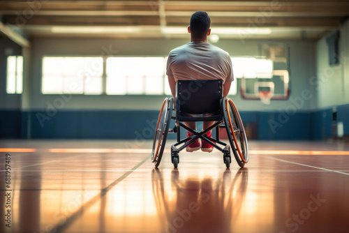 Sports for people with disabilities. A man in a wheelchair plays basketball. © Anoo