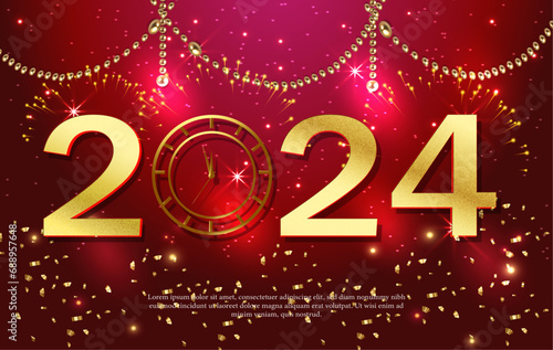 Happy new year 2024 3d word text with gradient color are fireworks and realistic watch abstract background