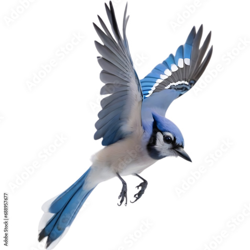 A close-up painting of a blue jay flying in the air with beautiful postures. 