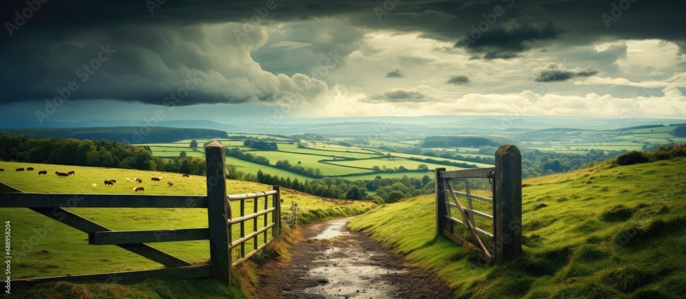 Fototapeta premium Scenic countryside with farm gate, road, rain clouds. High-quality photo.