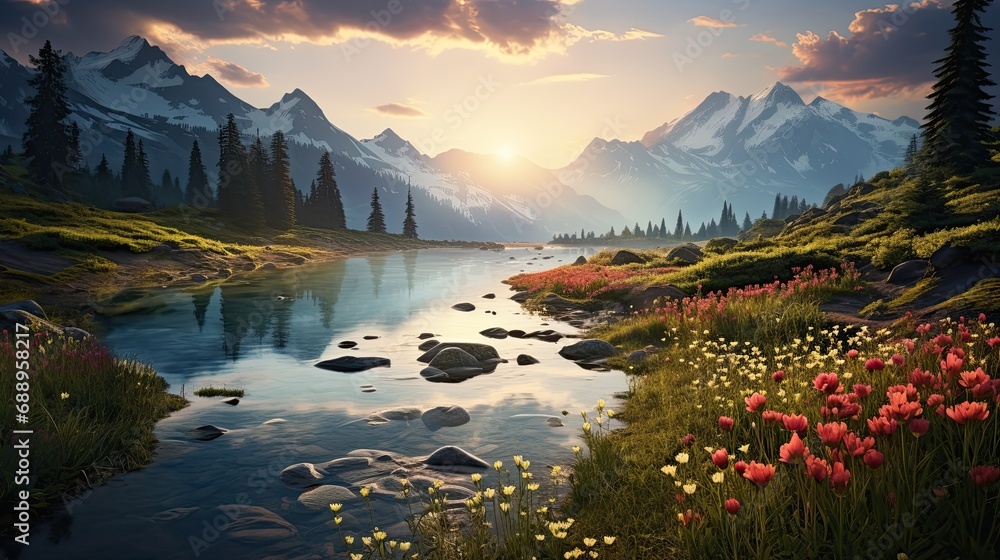 A Tranquil Sunrise: Majestic Mountains and Reflective Lake in Nature's Palette