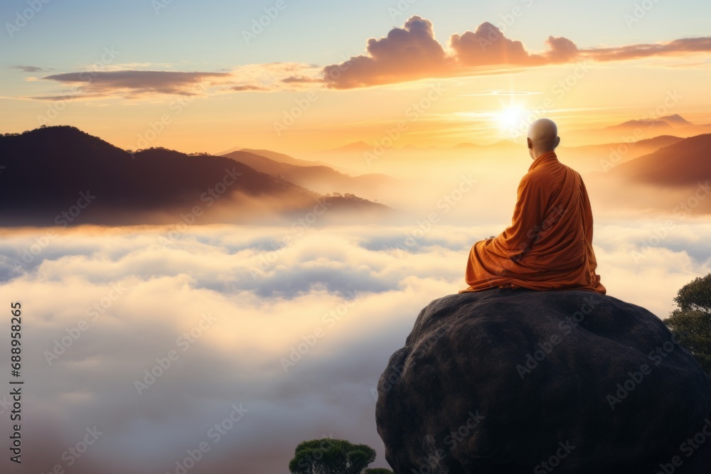 Monk is meditating on the mountain at sunset