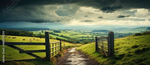 Scenic countryside with farm gate, road, rain clouds. High-quality photo.