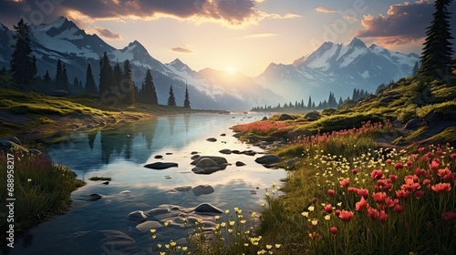A Tranquil Sunrise  Majestic Mountains and Reflective Lake in Nature s Palette