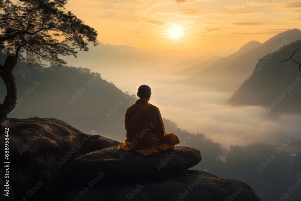 The monk is meditating by the rock at sunset - obrazy, fototapety, plakaty 