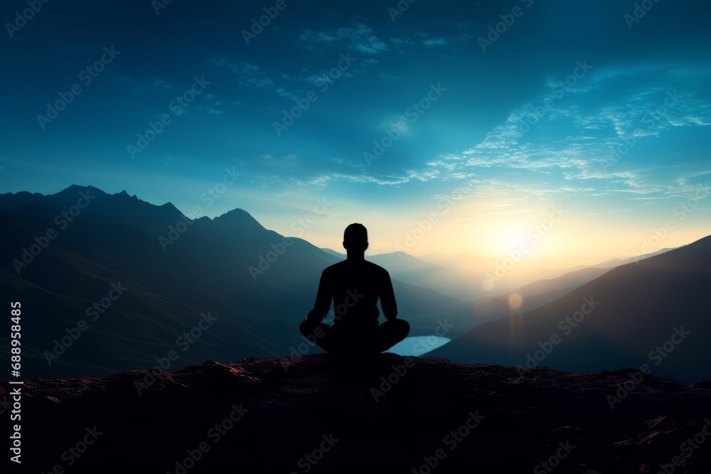 Silhouette of a man meditating on the mountain