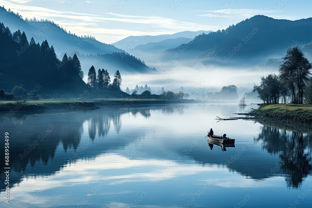 A dreamlike landscape featuring a tranquil lake surrounded by mist-covered mountains during the early morning hours. 