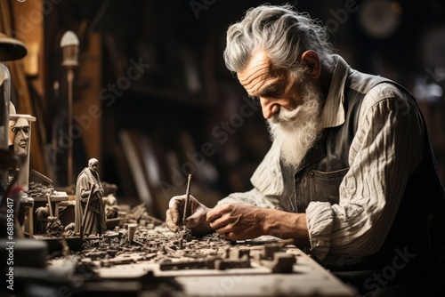 A seasoned artist in their 60s, wearing vintage clothing, absorbed in the act of creating a masterpiece in a cluttered and well-used studio. 