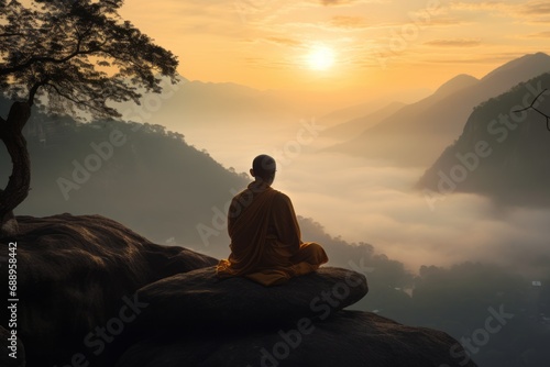 The monk is meditating by the rock at sunset