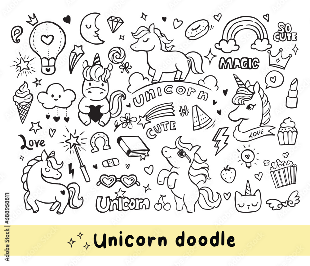 Magic unicorn elements, unicorn doodle