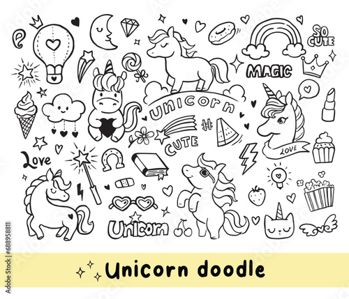 Fototapeta Naklejka Na Ścianę i Meble -  Magic unicorn elements, unicorn doodle