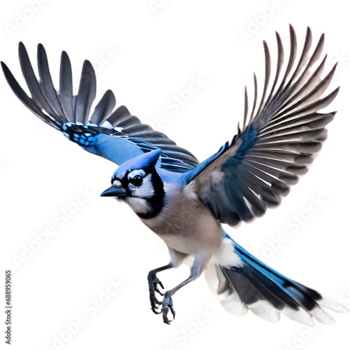 A close-up painting of a blue jay flying in the air with beautiful postures.  © Pram