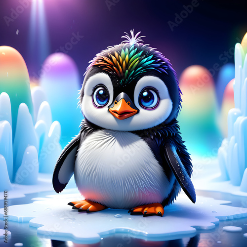 Rainbow color penguin in the magical forest 