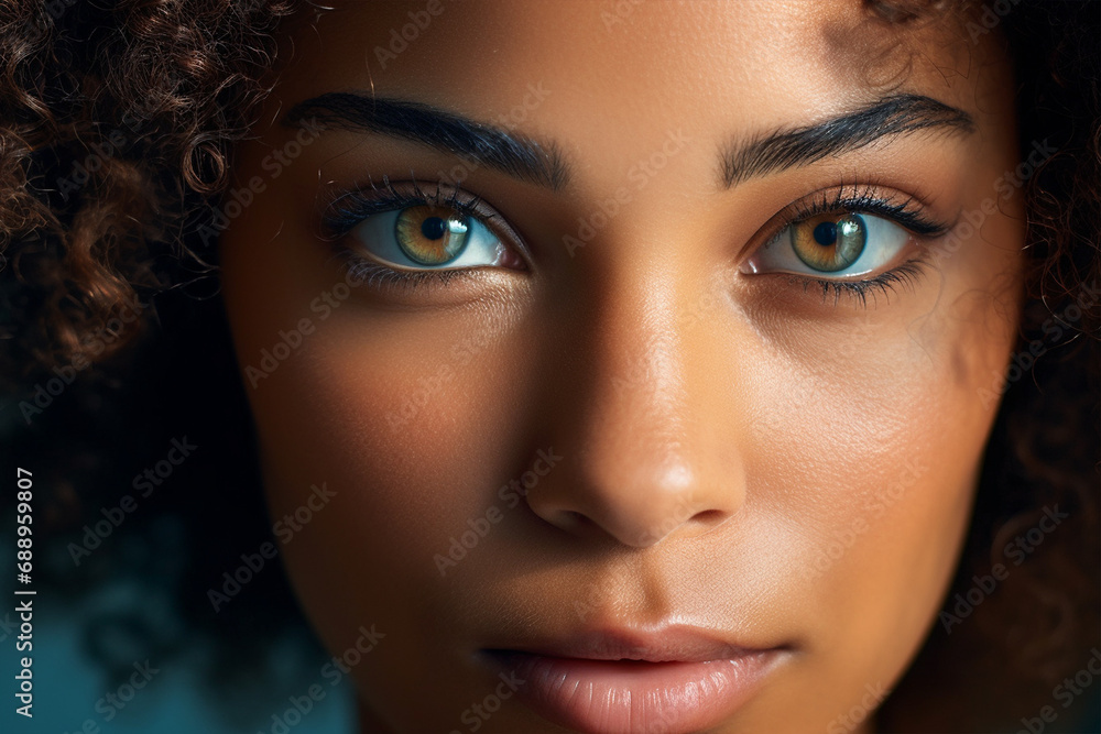 Close up of beautiful afro american woman with dark skin and unusual hazel eyes Close up of beautiful afro american woman with dark skin and unusual hazel eyes