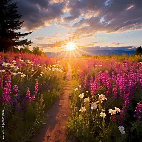 A sunlit path through a field of wildflowers.