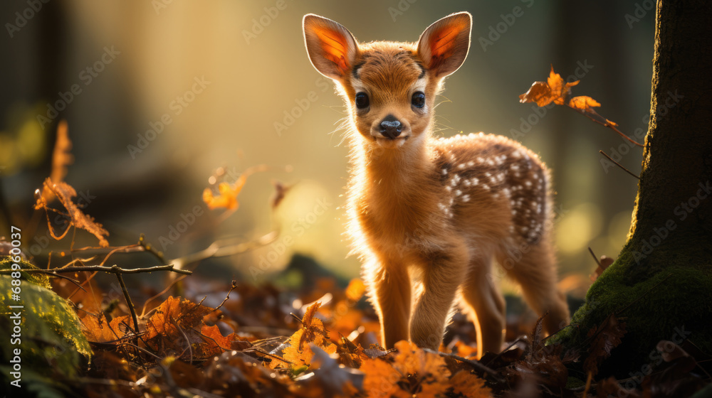 Fototapeta premium Baby Fawn looking at camera in a golden hued forest setting