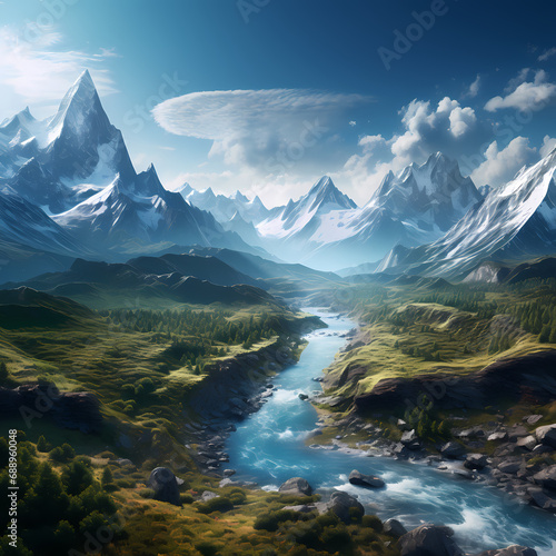 A snowy mountain range with a winding river.