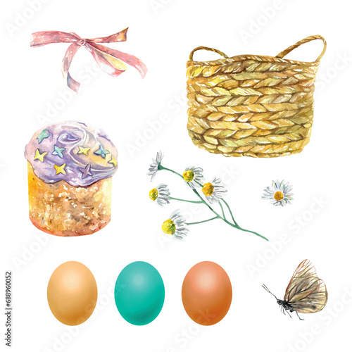Basket, eggs, Easter cake, butterfly, chamomile. Vector illustration of holiday set. Design element for greeting cards, invitations, covers, flyers.