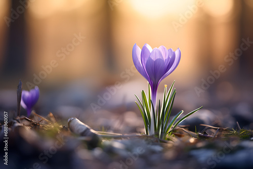 Purple crocus spring flower on blurry background blooming during early spring with copy space © Firn