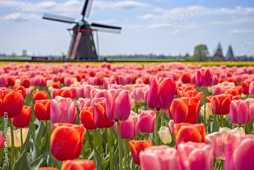 Beautiful field with red and pink tulip spring flowers and blurry dutch windmill in background