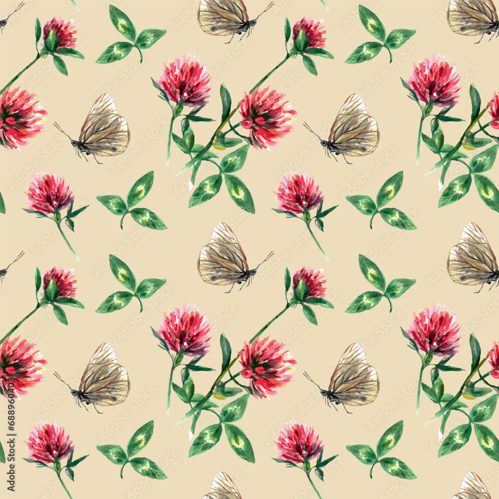 Flowers and leaves of meadow clover, butterfly. Vector illustration in watercolor style. Seamless pattern for the design of wrapping paper, textiles.