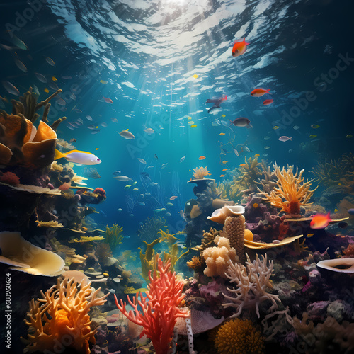 A surreal underwater world with vibrant coral reefs.
