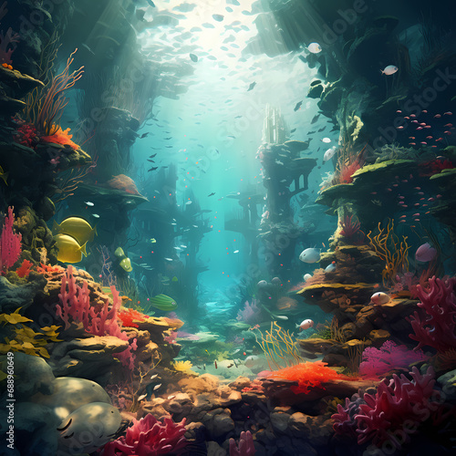 A surreal underwater world with vibrant coral reefs.