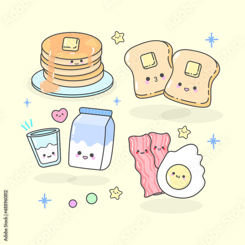 Vector Breakfast Bacon Egg Bread Butter Pancake Milk with cute facial expressions and pastel colour