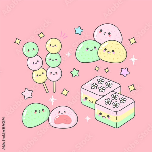 Vector Japanese Snack Mochi Dango Pudding with cute facial expressions and pastel colour