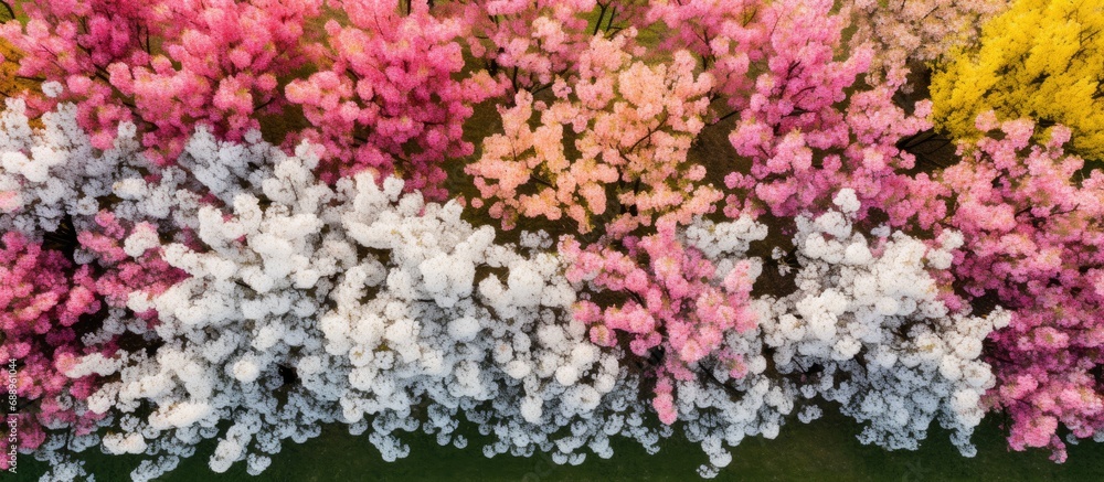 Springtime aerial view of blooming fruit trees in an apple orchard.