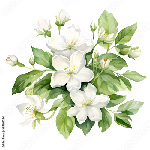 Watercolor of bouquet tropical spring floral, white jasmine flowers and green leaves isolated on white background. Wallpaper or banner for Mother's Day, bouquets greeting for wedding card decoration. photo