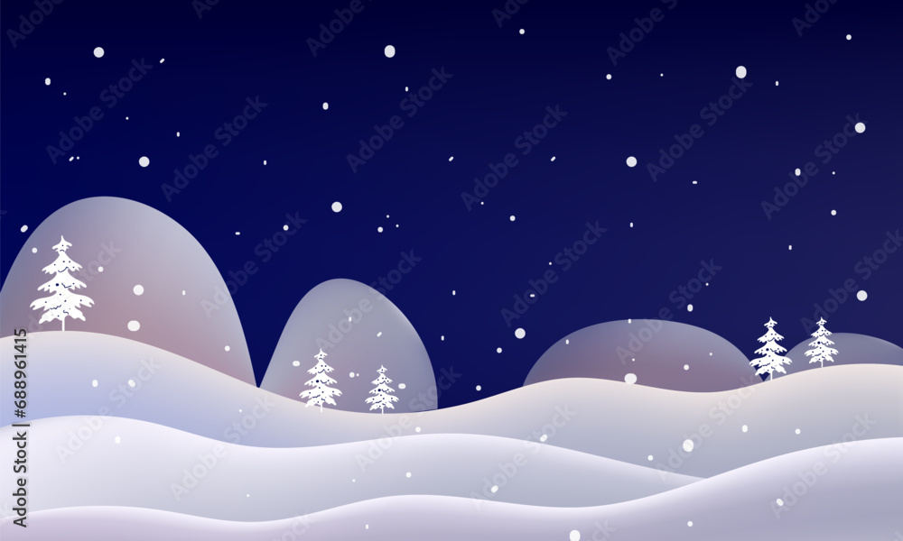 Winter snowfall on light blue gardient landscape illustration. Trees, house cold winter Christmas and New Year background.