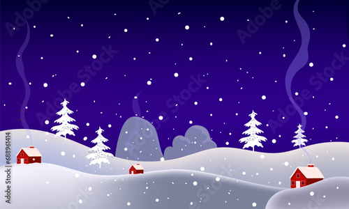 Winter snowfall on light blue gardient landscape illustration. Trees, house cold winter Christmas and New Year background.