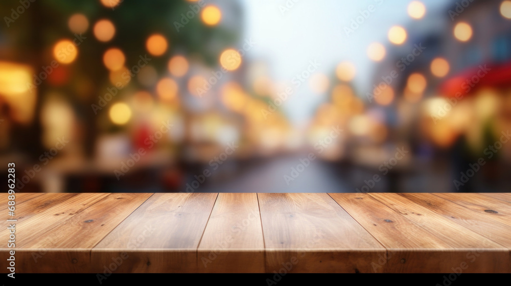 Empty wooden table and blurred background of street cafe with bokeh. For product display