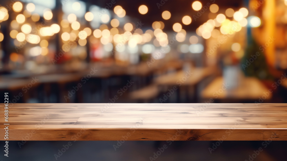 Empty wooden table and Coffee shop blur background with bokeh image.