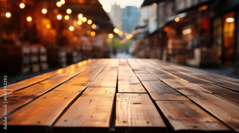 Wooden table in a street cafe. Blurred background with bokeh