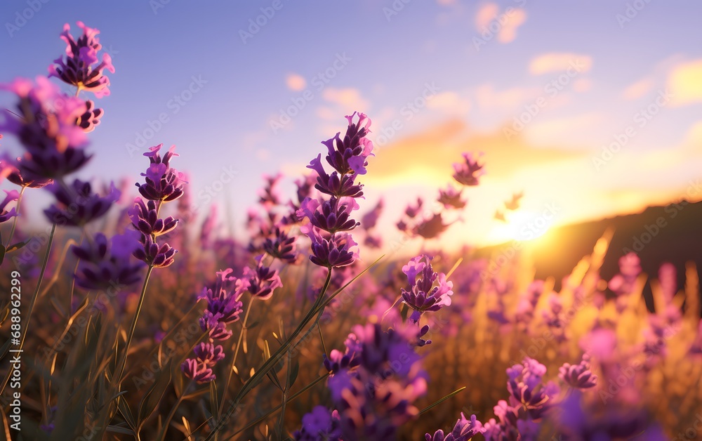 A Serene and Romantic View of Close up Lavender field during golden hour A Serene and Romantic View of Close up Lavender field during golden hour
