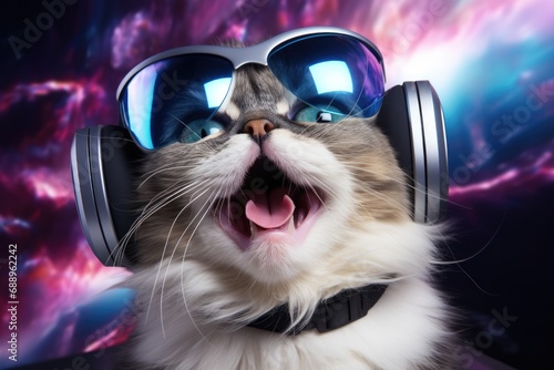 Cat wearing VR headset, surreal worlds and colorful. background Generative AI