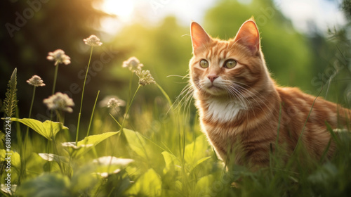 Beautiful ginger cat sitting in the grass with flowers at sunset.