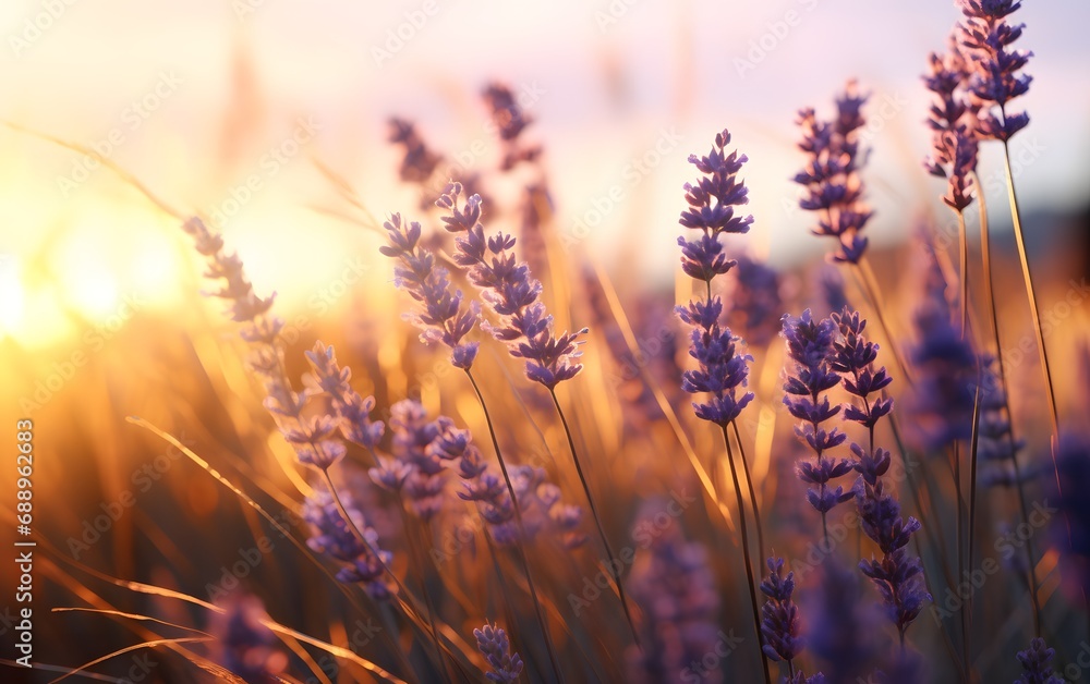 Fototapeta premium A Serene and Romantic View of Close up Lavender field during golden hour