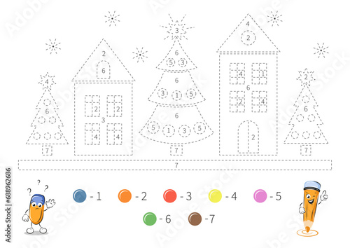 Coloring page with houses and Christmas trees for kids. Tracing contours, color by number, handwriting practice. Dashed lines. Vector illustration