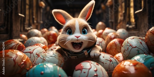 Illustration of an overjoyed Easter bunny in a pile of colorful eggs on a natural background photo