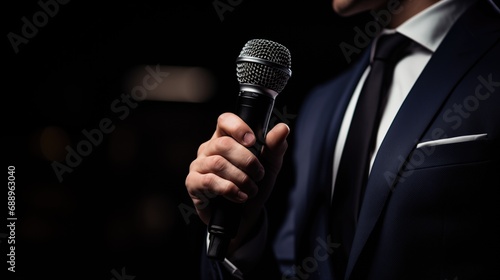 Close up of businessman holding microphone in conference hall.